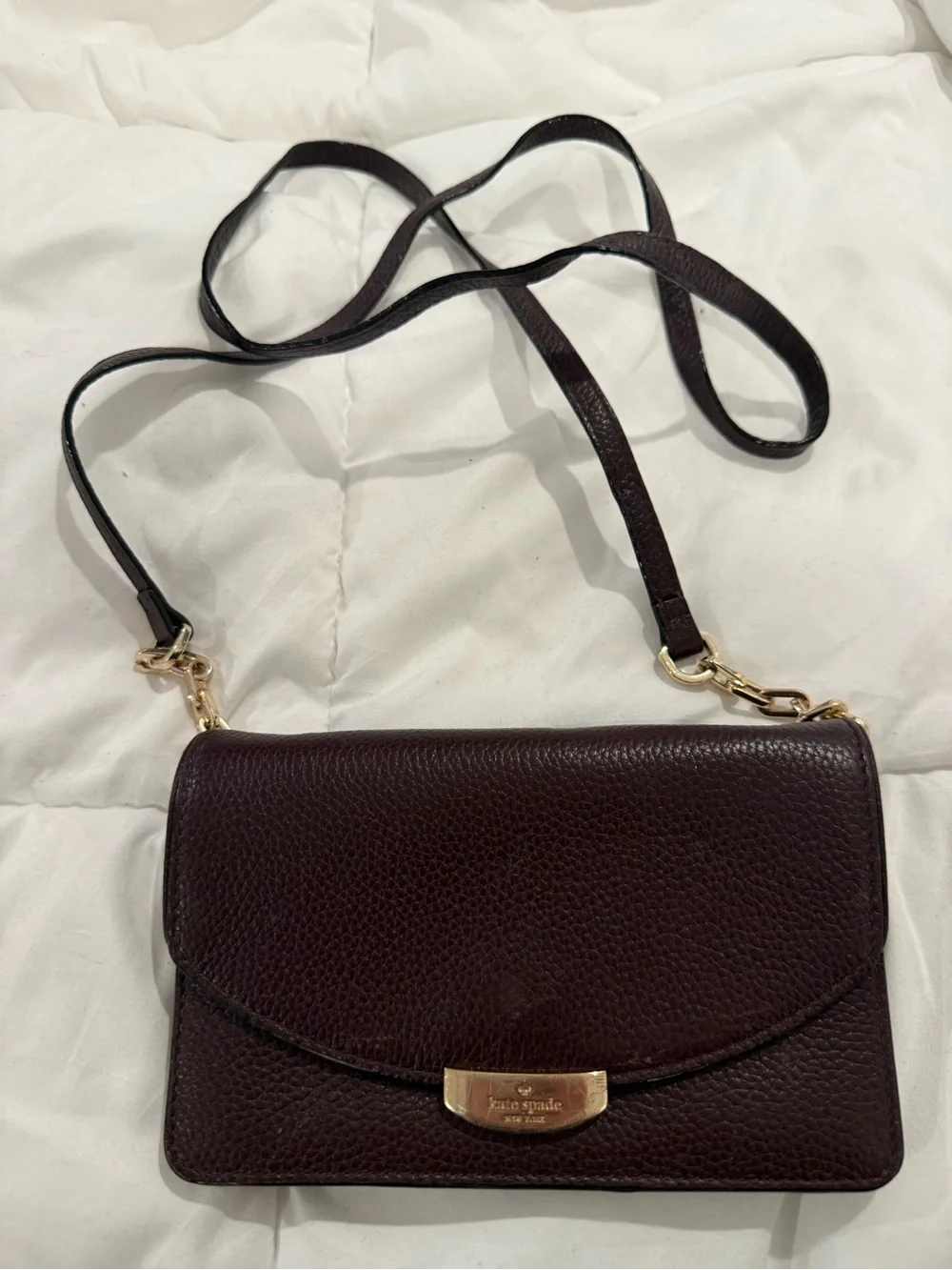 kate spade Pebbled Leather Crossbody Bag in Deep Plum with Gold Hardware